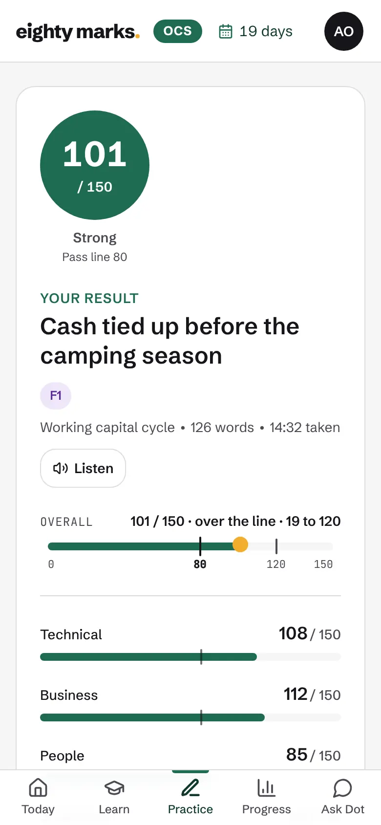 The feedback page on a phone, showing the overall mark against the pass line.